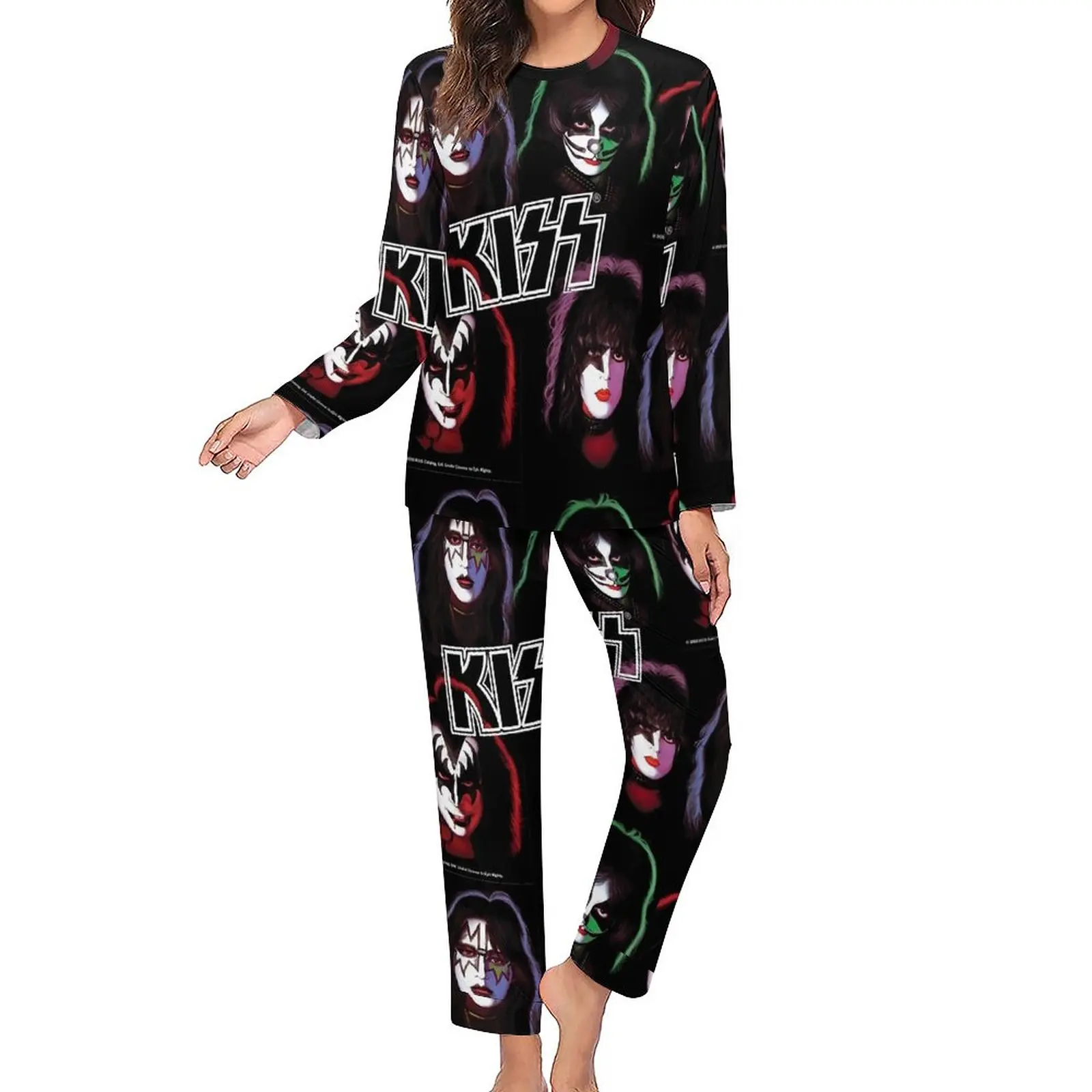 Kd\'appareils Band-Ensemble de pyjama à manches longues surdimensionné pour femme, vêtements de nuit Kawaii, groupe de rock, 2 pièces