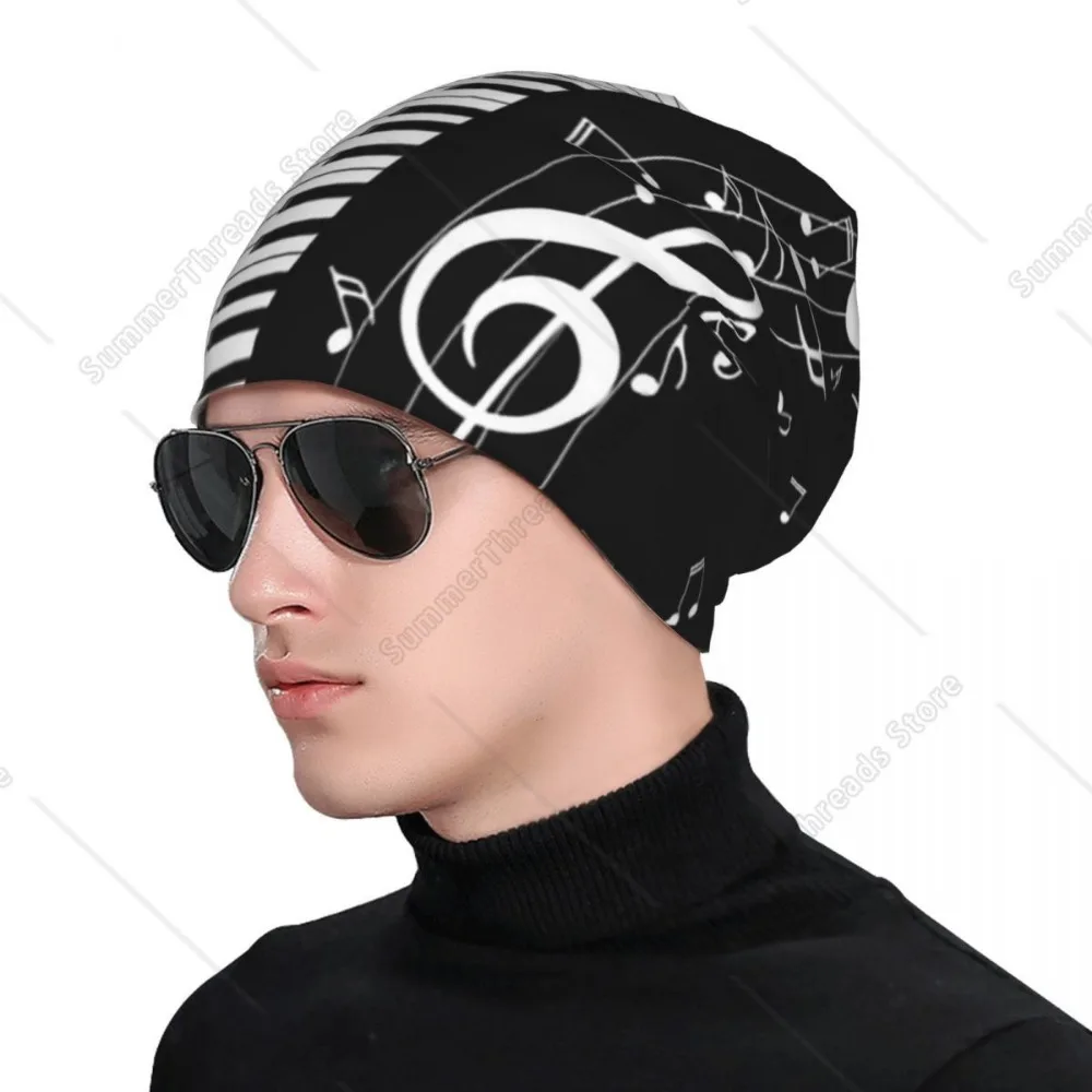 مفاتيح البيانو مجردة مع النوتات الموسيقية الدافئة محبوك قبعة الهيب هوب بونيه قبعة الخريف الشتاء في الهواء الطلق قبعات حريمي للجنسين الكبار #4