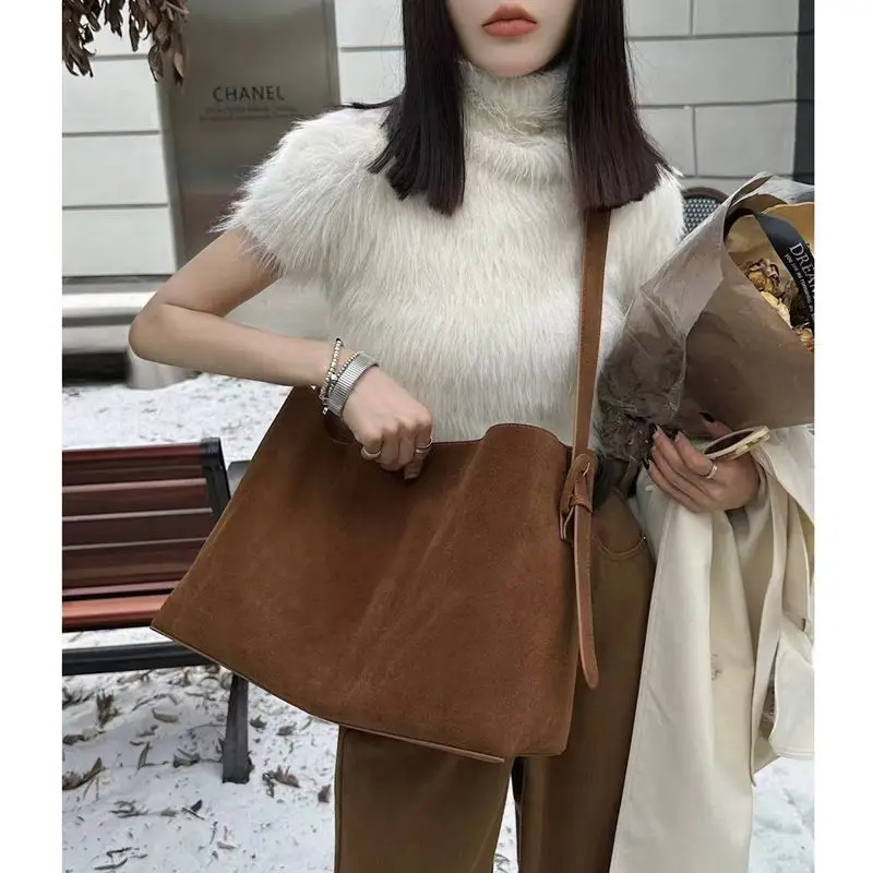 Vintage Faux Wildleder Große Kapazität Einkaufstasche Maillard Frauen Schultertaschen Trend Herbst und Winter Umhängetasche Große Shopper Geldbörsen