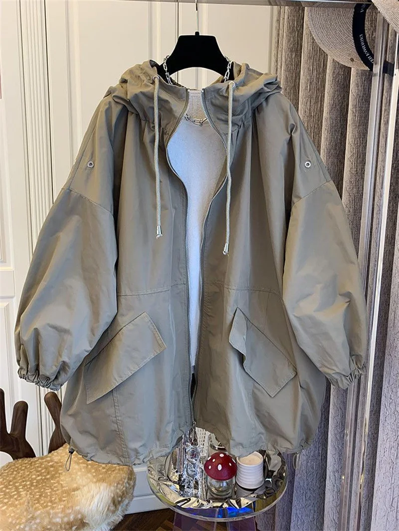 

GELITAYIN Korean Fashion New Solid Color Women's Spring Jacket All-Match Jackets Hooded Windbreaker Female Coat