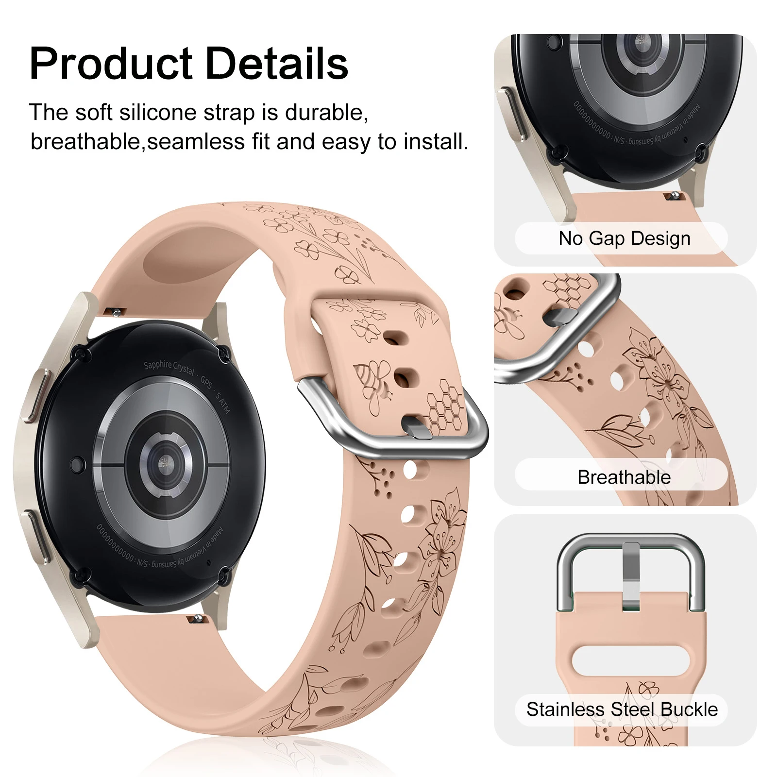 20mm Soft Silicone Flower Engraved Bands for Samsung Galaxy Watch 6/5/4 Band 40mm 44mm/Galaxy Watch 5 Pro 45mm/Galaxy Active 2