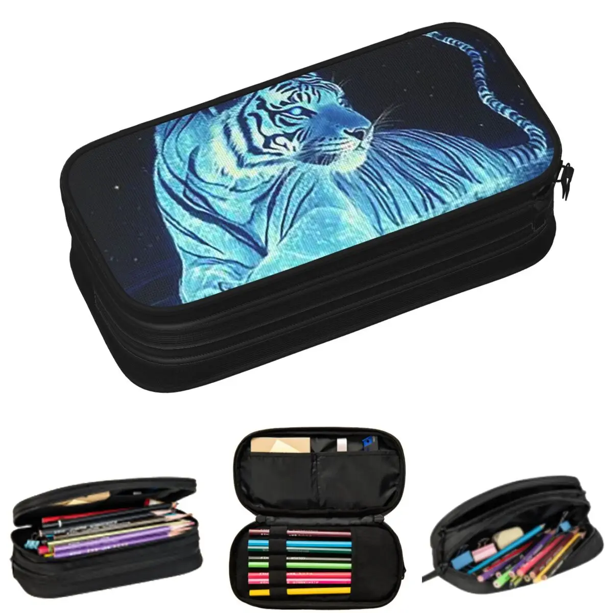 

Glowing Tiger With Blue Light Pencil Cases for Student School Pen Box Pencil Bag Large Storage Pencil Pouch