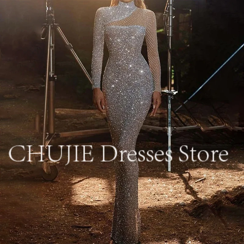 

Customized Beading Sequins Evening Dresses Long Sleeves Elegant Formal Dress High Neck Saudi Arabia Evening Gowns Party Dress