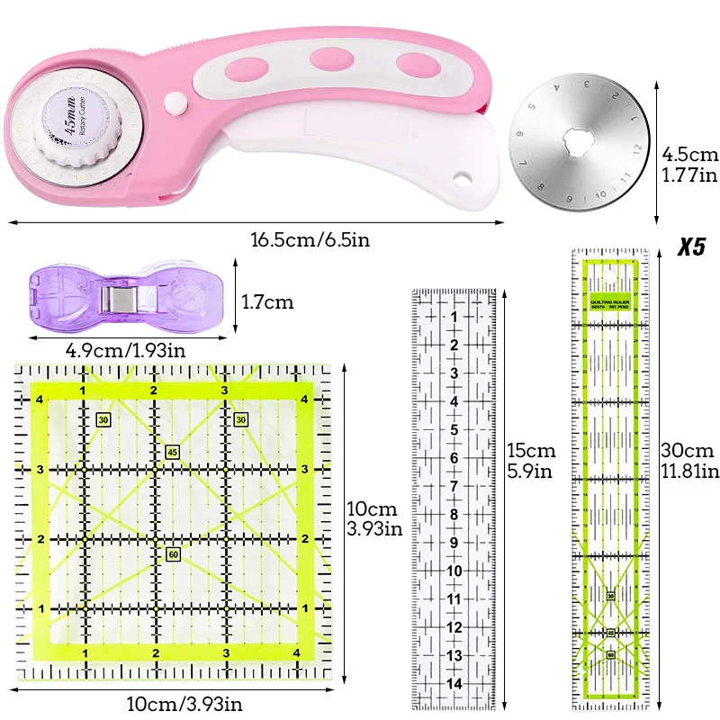 Zestaw nóż obrotowy 45mm z 5 wymiennymi ostrzami patchworkowa linijka kolorowymi klipsami do szycia tkanin do cięcia warstw materiał ze skóry