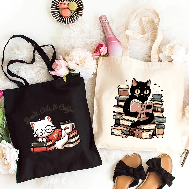 Cat and Book Lover Print Shopping Bag Tote Handbag Shopper Recycle Bag Reusable Tote Black Cat Vintage Handbag Purse for Travel