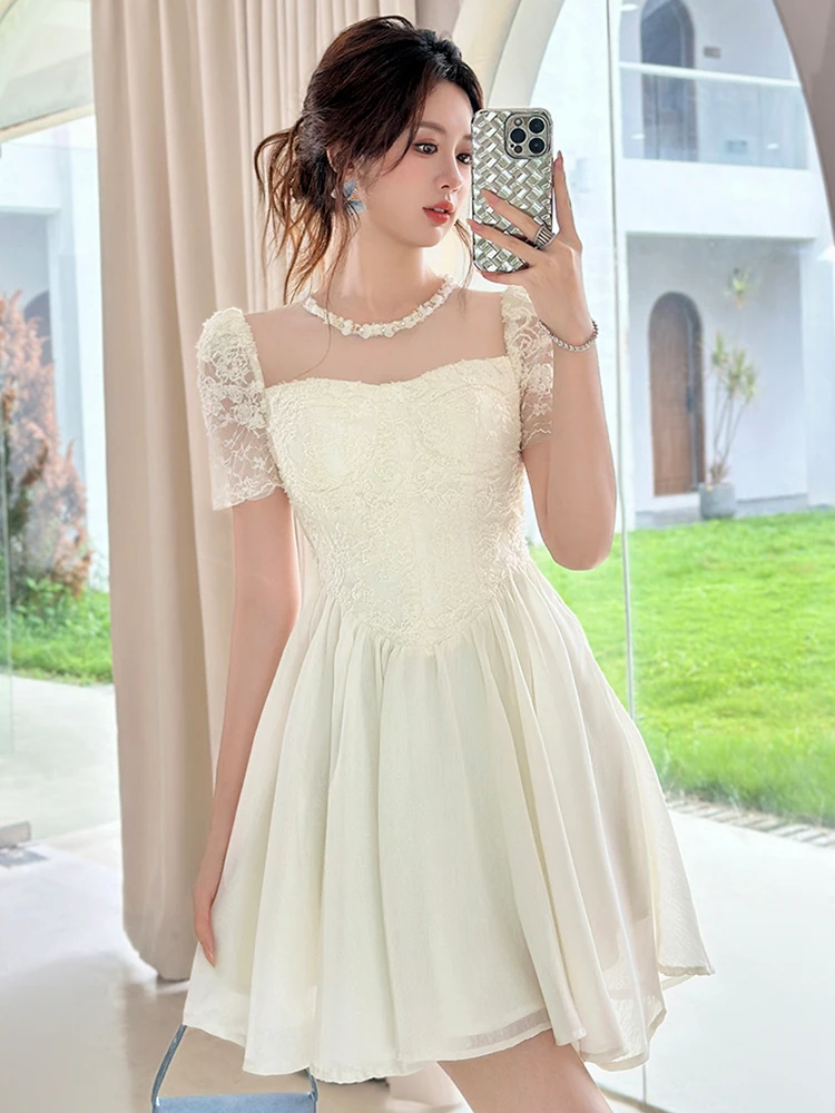 Abito da donna dolce ed elegante con data femminile adorabile carino maglia trasparente pizzo ricamato abito da ballo corto Lady banchetto festa Vestido Mujer