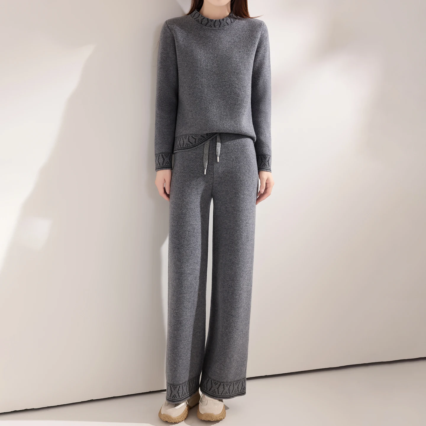 Women's Suit 2 Piece Set 100% Merino Wool Pullover & Pants Thick Knitwear Female Sweater Tops & Trousers Autumn Winter Clothes