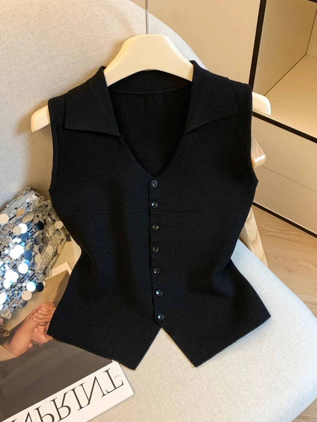 

Вязаный жилет Sweet Sle Ne Svel для женщин, летний, с высокой талией, однотонный, с пуговицами