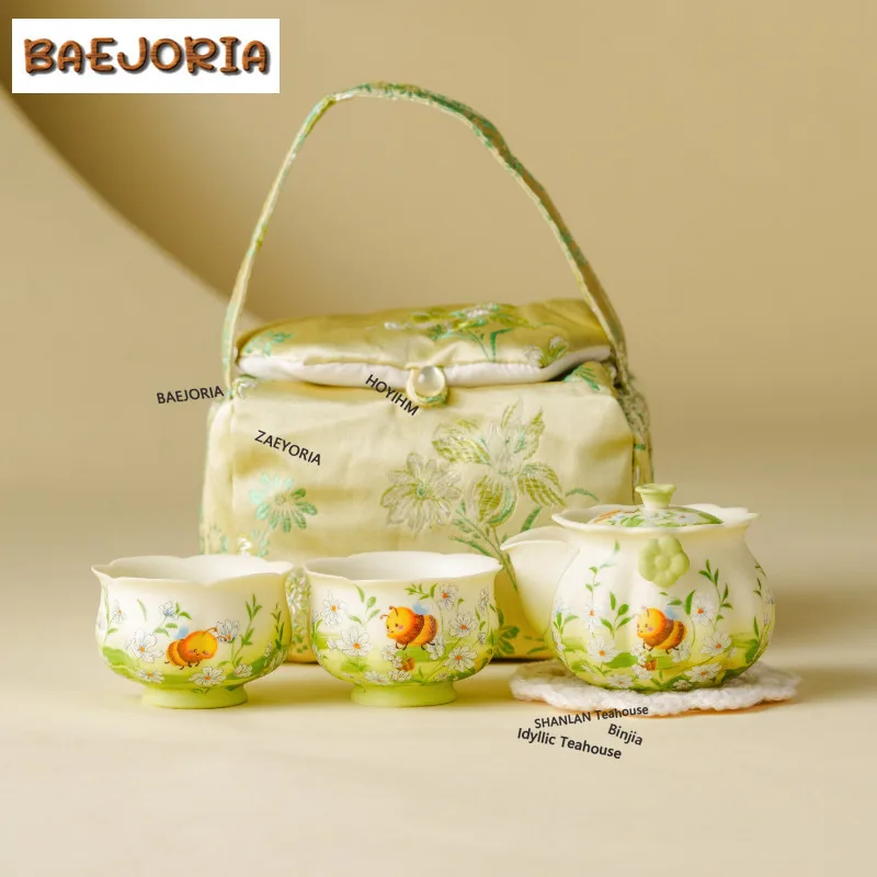 BAEJORIA Decal Bees Flowers Travel Tea Set Kit Japanese 1 Pot 2 Cups Tea Maker Organizer Portable Picnic Stock Bags Supplies