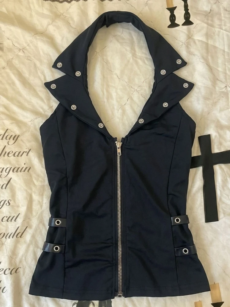 Harajuku Gothic Sexy Black Turn Down Collar Halter Tank Tops Women Rivet Zipper Placket Stretch Slim Fit Clubwear Everyday Wear