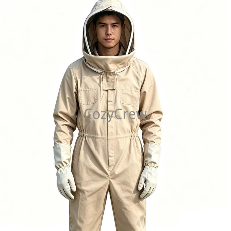 Full Body Beekeeping Suit with Round Veil Hood & Leather Gloves, Side Elastic Waist Sting Proof Beekeeper Protective Jumpsuit