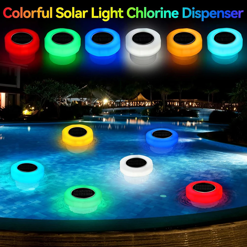 Detergente per acqua galleggiante per cloro solare con cloratore galleggiante per piscina a luce colorata IP68 impermeabile per compresse fino a 3 pollici