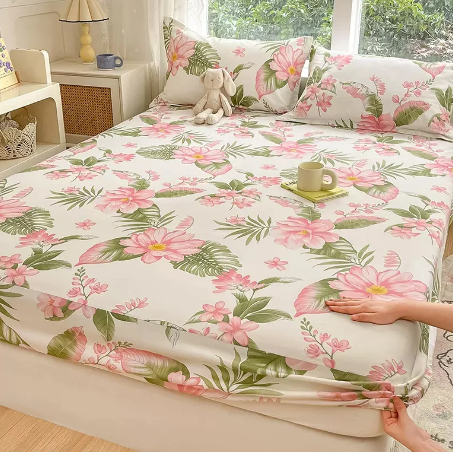 

100% Cotton Fitted Bedsheet +2pc Pillowcase Flower Printed Men Women Single Double Bed Fitted Sheet 16 Sizes Home Bedding Set