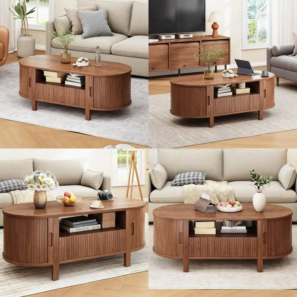 

Овальный кофейный столик из орехового дерева 47.2 с раздвижной дверцей для хранения для гостиной