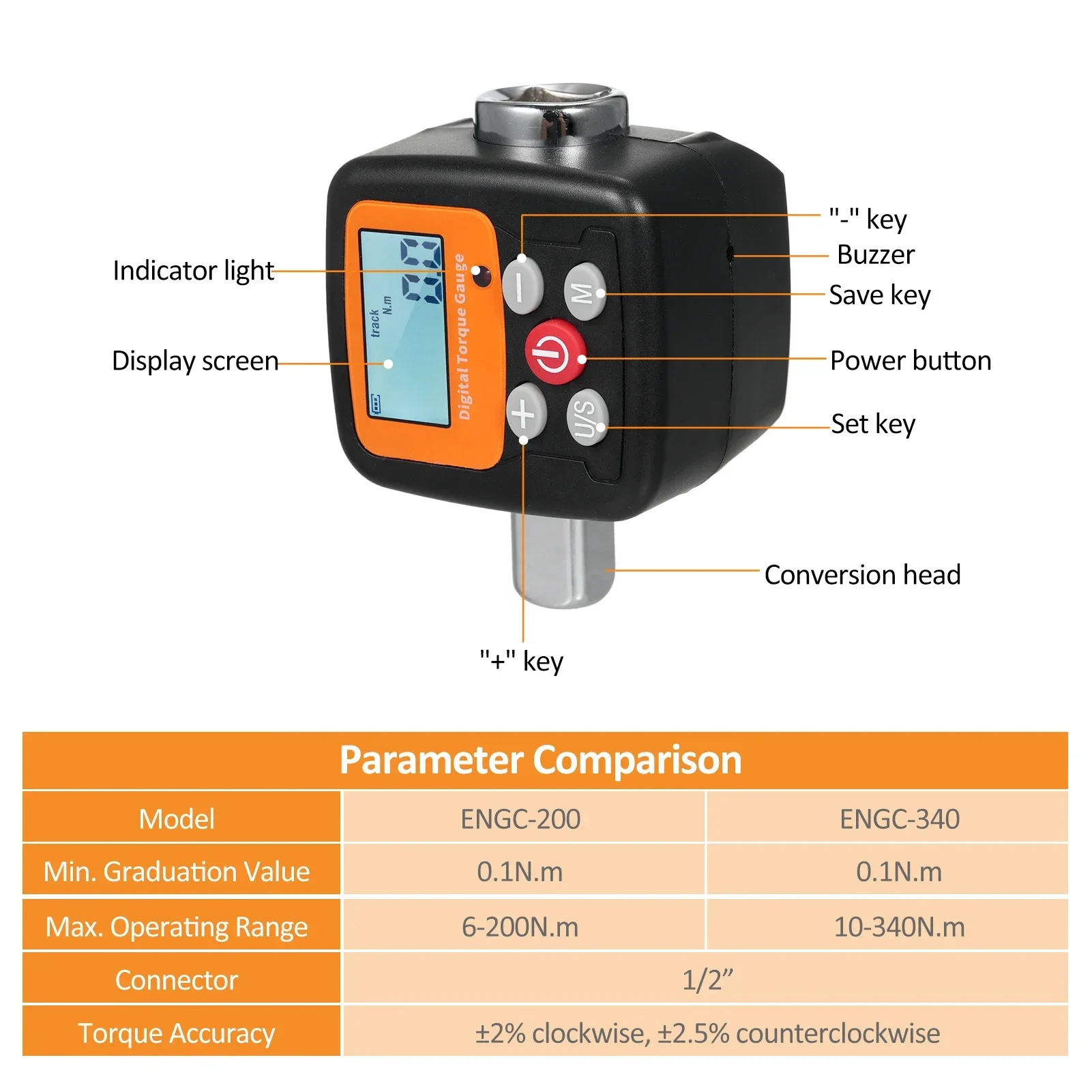 Digital Display Torque Meter Wrench Torque Tester 1/2\'\' Drive with Sound Light Alarm Function High Accuracy 4 Torque Units Tools