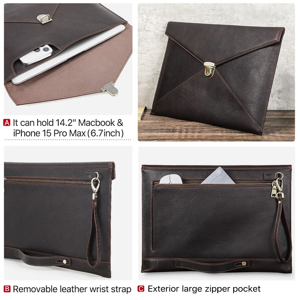 Genuine Leather Laptop Sleeve Case for MacBook Air M1 M2 M3 Pro 13 3 13.6 14 2 Inch Mac Book Handbag Envelope Cover Bag