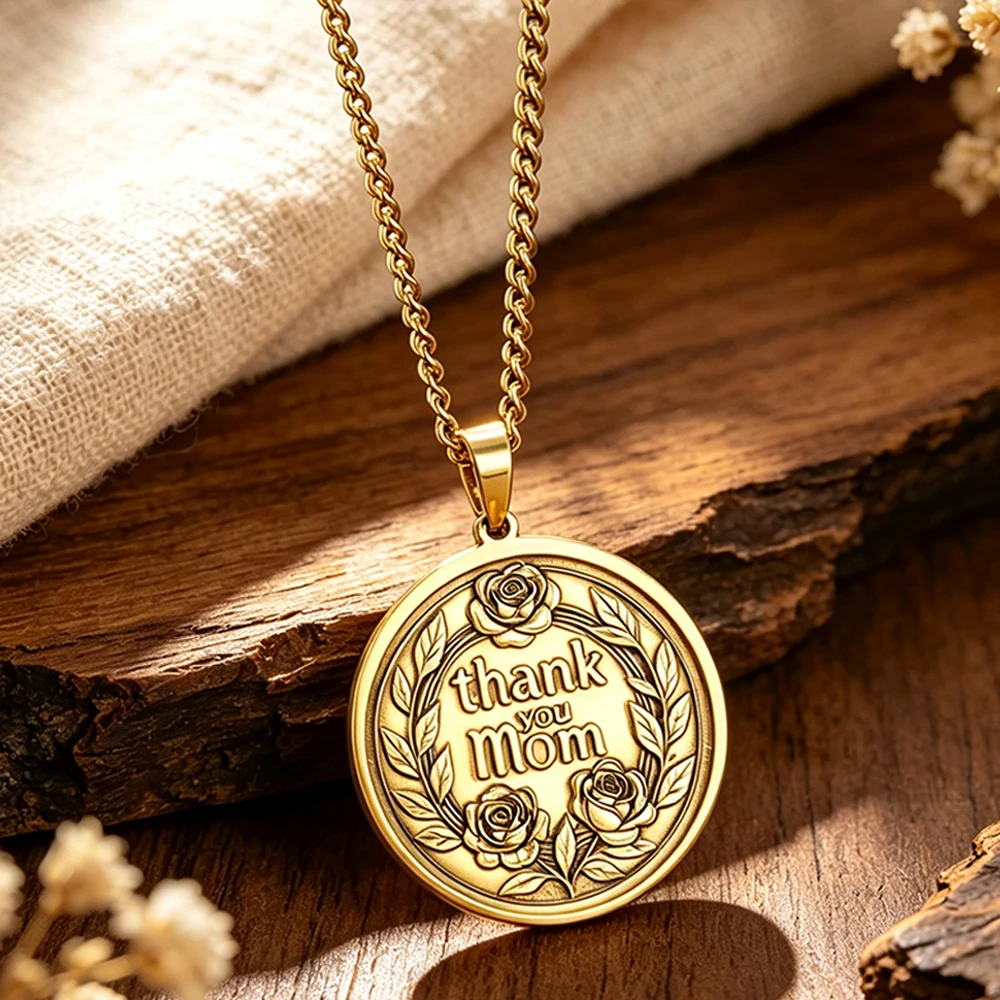 Thank You Mom Rose Necklace 3D Brass Embossed Floral Medallion Pendant Stainless Steel Chain Mother Birthday Gift Retro Jewelry