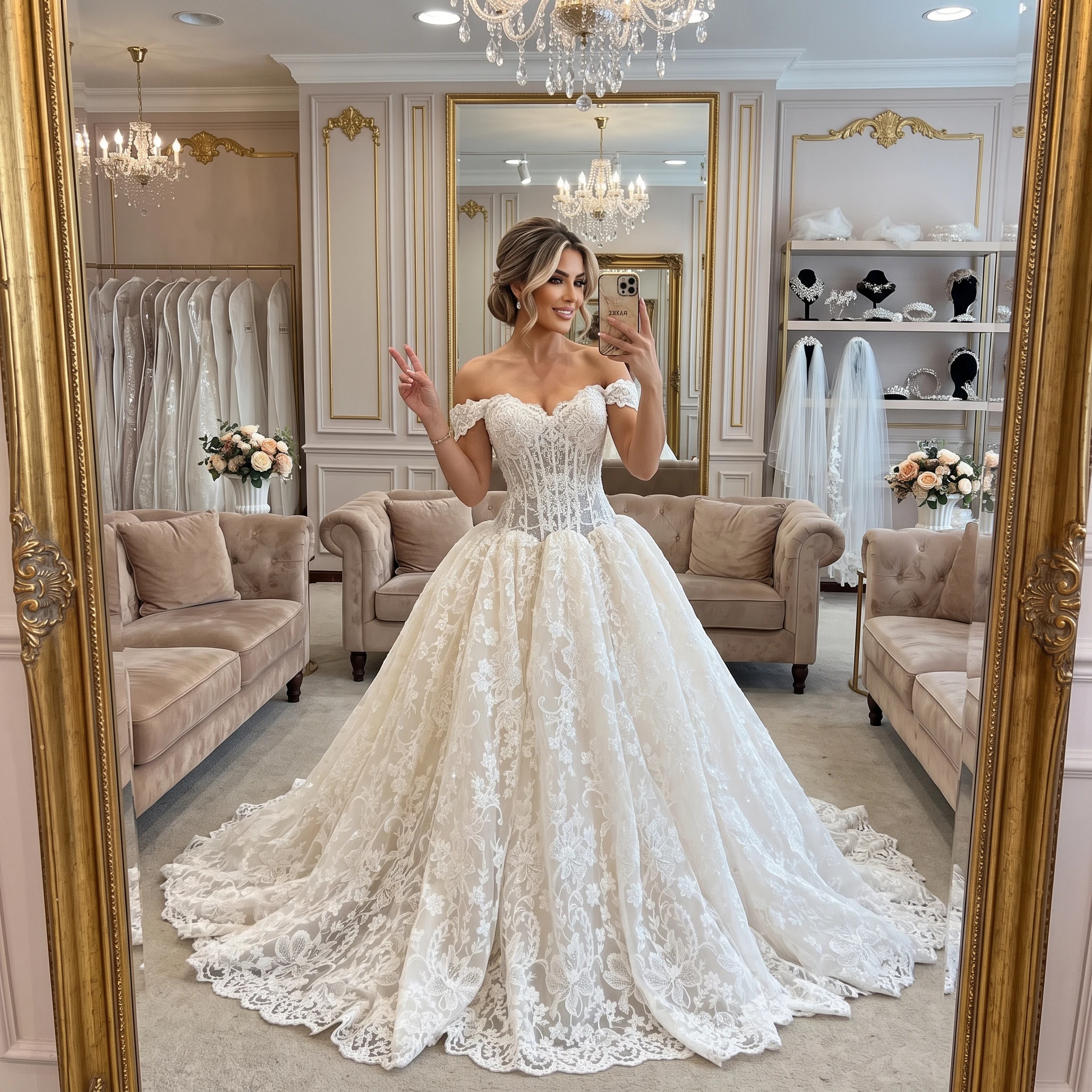 Off‑the‑Shoulder Lace Wedding Dress For Bride Sweetheart Corset Bodice Ball Gown Luxury Floral Lace Bridal Gown With Train Plus