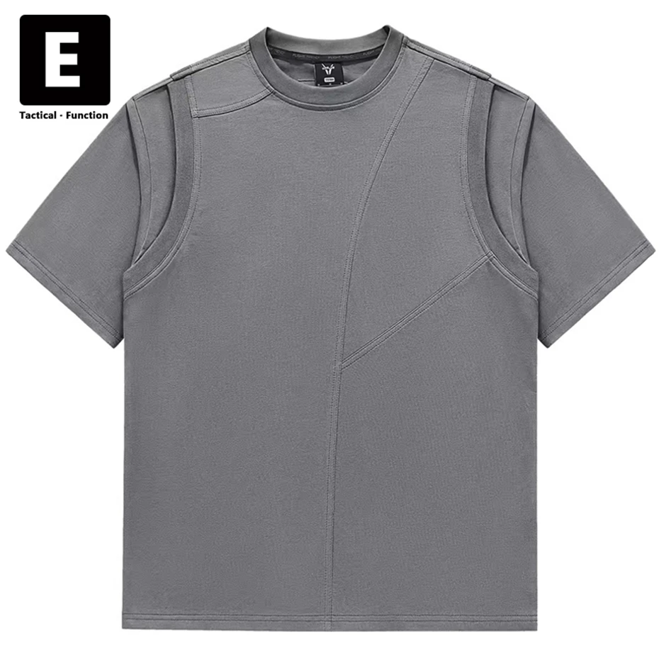 

Summer T-shirts Men Techwear Short Sleeve Tops Tees Fashion Patchwork Design Streetwear Cargo Tshirt Male