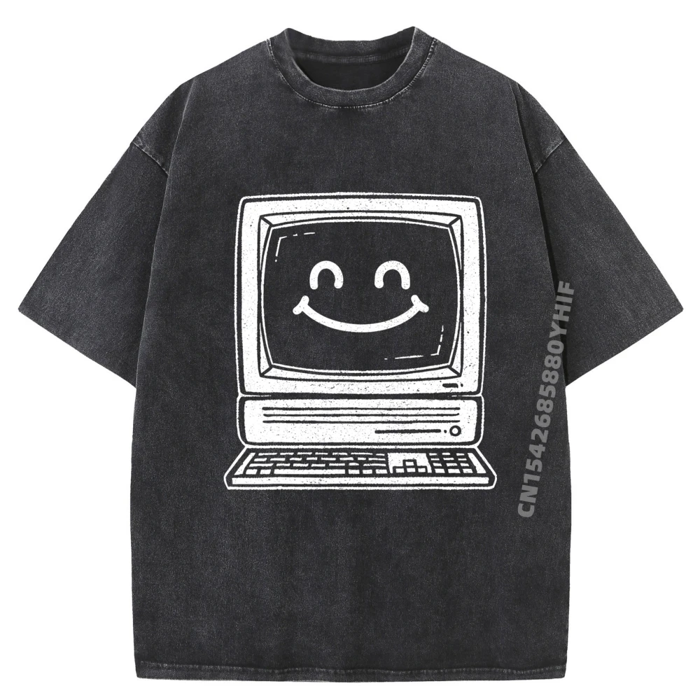 

Retro Smiling Computer Pc Nerd Special Female Tshirts Fashion Short Sleeve All Cotton Tees Graphic Tops Washed Shirts