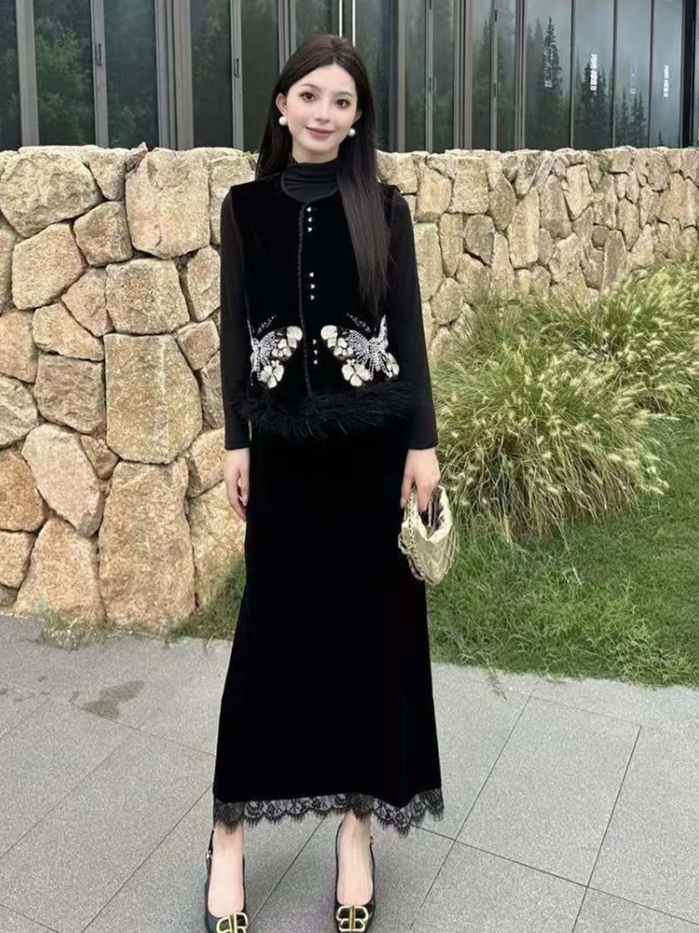 

Gold Velvet Lace f Skirt Women's High Waist Slimming Casual Mid-Length A-Line Skirt Ba Split Youthful Pure Color