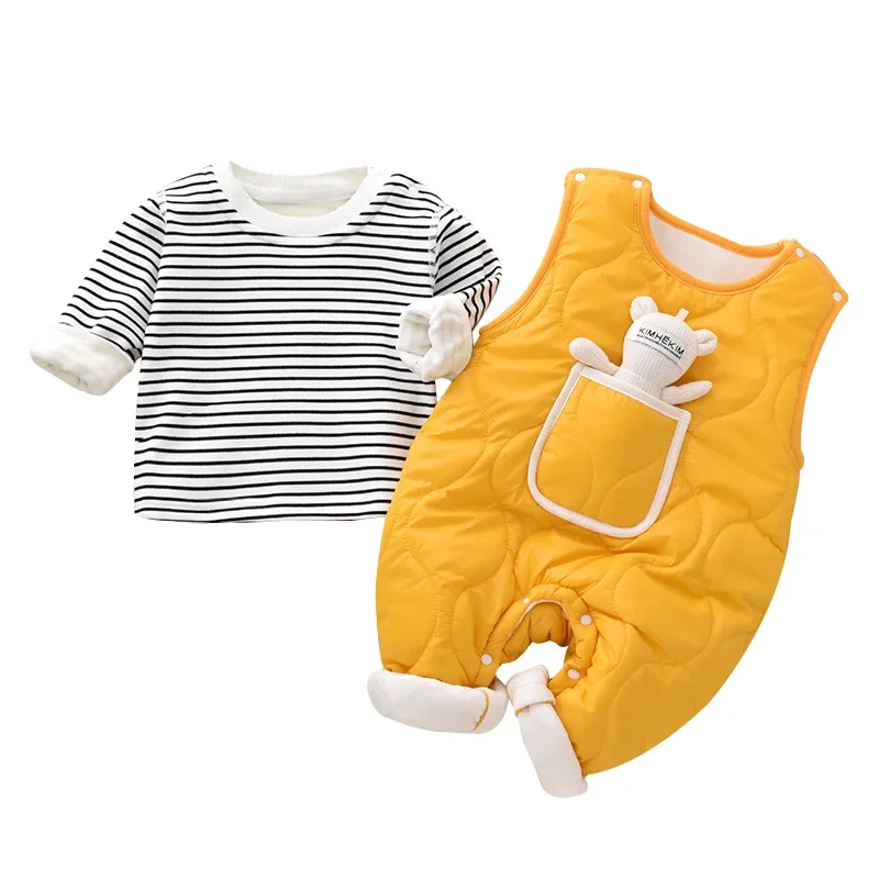 Autumn Winter Baby Boy Girl Rompers Newborn Plush Thick Cotton Set Warm Striped Top+Jumpsuit with Doll 2pcs Casual Baby Clothes