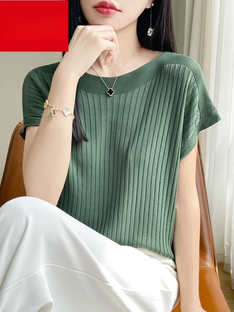 

Hengyuanxiang Ice Silk Knitted ort Sve T-irt Women's Summer Thin Large Size Belly Cover Silk One-oulder Top