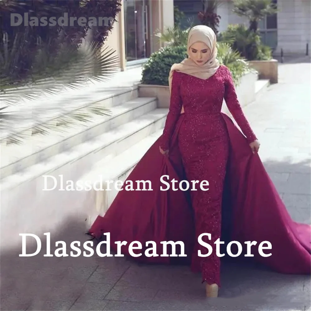 New Muslim Arab Luxury Evening Dress High Neck Long Sleeves Lace Appliques Detachable Train Formal Dress Floor-Length Party Dres