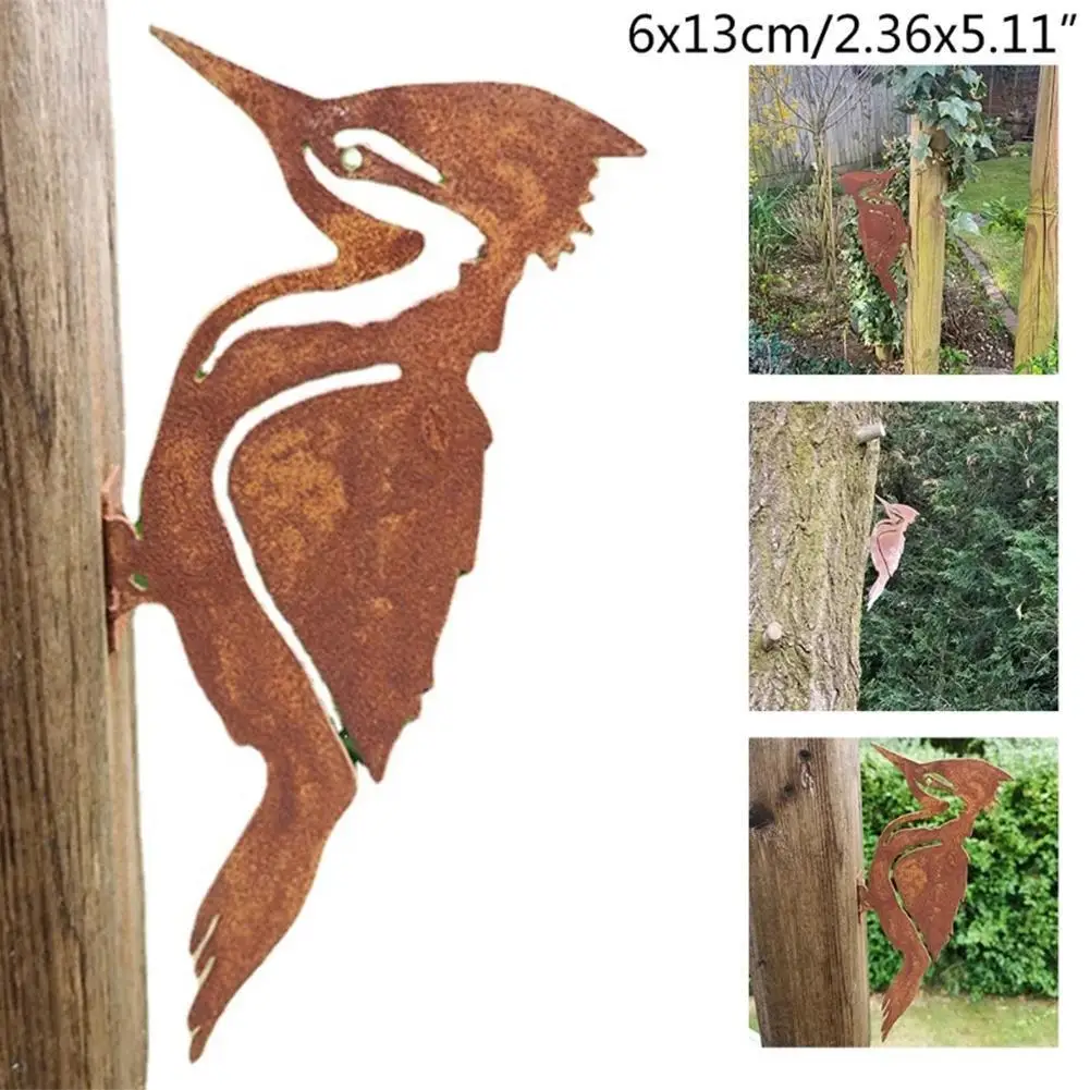 Elegant Garden Stake Design Pileated Bird Rusty Metal Silhouette Yard Bird Decor Silhouette Lawn Tree Metal Decoration Rust