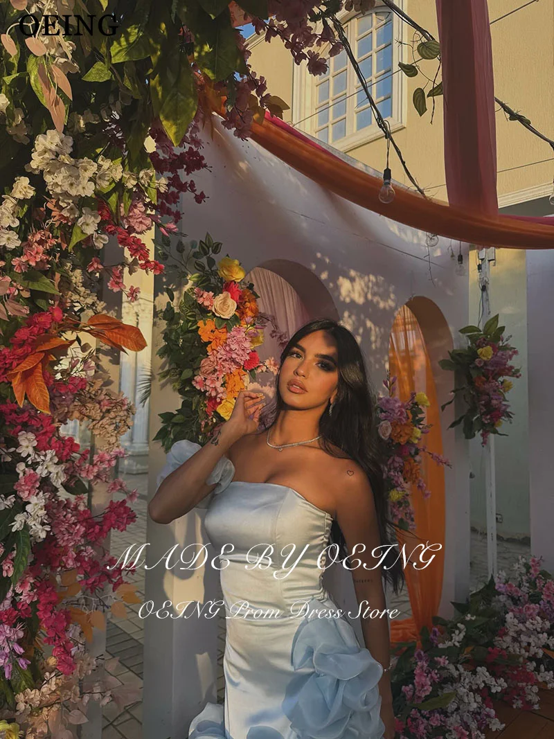 OEING Simple Sky Blue Mermaid Prom Dresses Mini Sleeveless Strapless Satin Party Gowns платье вечернее Customized