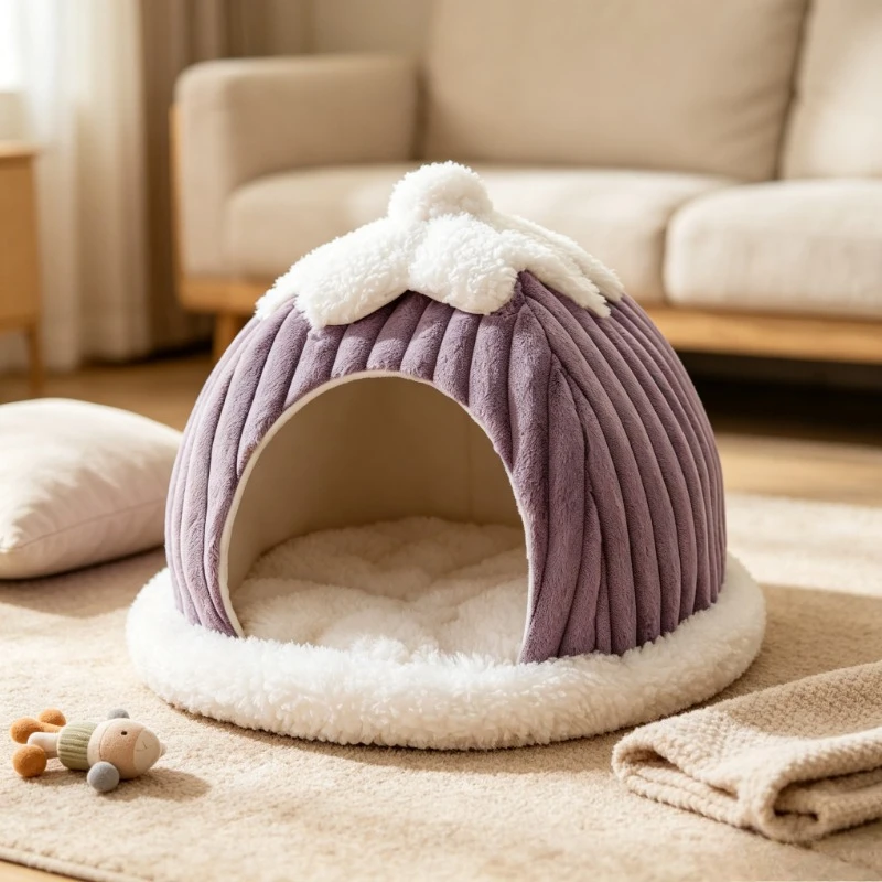 Cozy Cat Igloo Bed, Plush Winter Pet House with Snow Top for Cats & Small Dogs, Soft Warm Indoor Nest