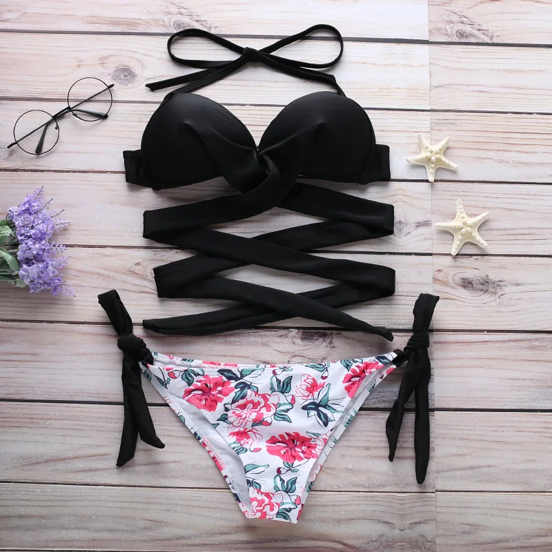 Women Patchwork Sexy bikini Low waist bathing Beachwear push up bra Cross Bandage Halter print Swimsuit Bikini set