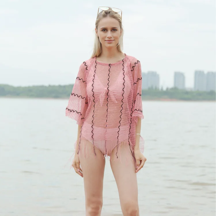 

Fashion Hollow-out Fringed Shawl Cape Summer See-through Sunscreen Beach Bikini Coverall Poncho Women's Stylish Cloak