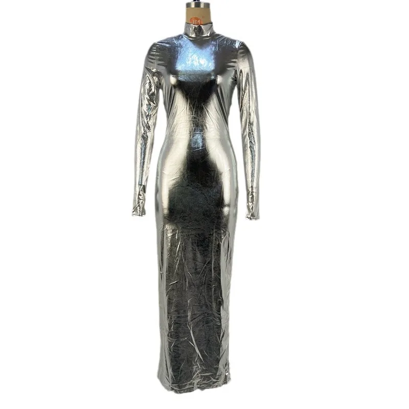 Sexy Backless Slim Fit Metal Color Dress Women's Fashion Tight Bodycon Dress mid Waist Five Length Polyester Fabric