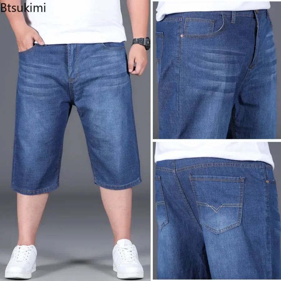 Pantalones cortos vaqueros finos de talla grande 28-50 para hombre, pantalones vaqueros cortos informales holgados de alta elasticidad, pantalones