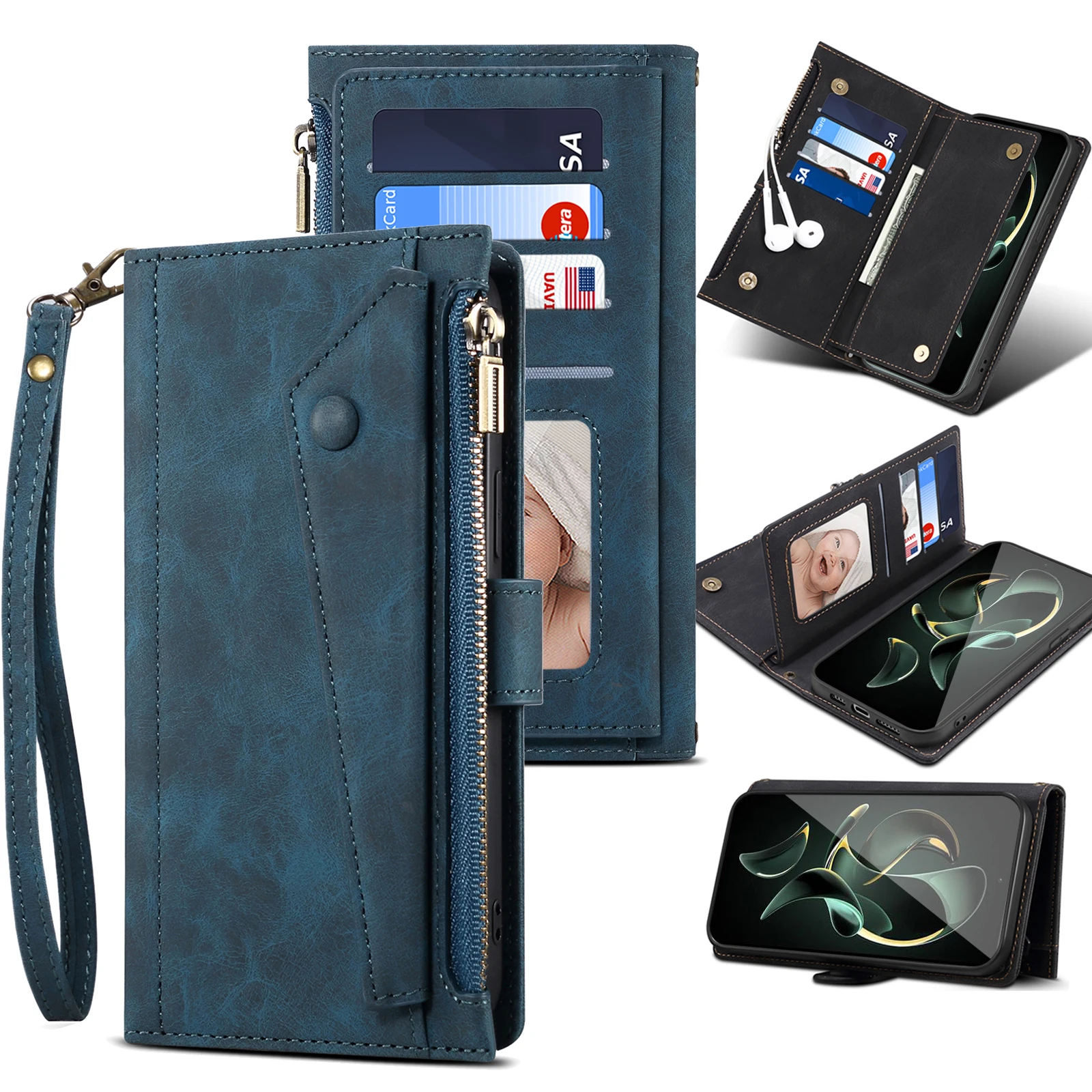 New 9 Cards Zipper Flip Leather Case For Xiaomi  Redmi K60 Ultra Wallet Book Mobile Phone Case With Free Rope for Mi 13TPro Capa