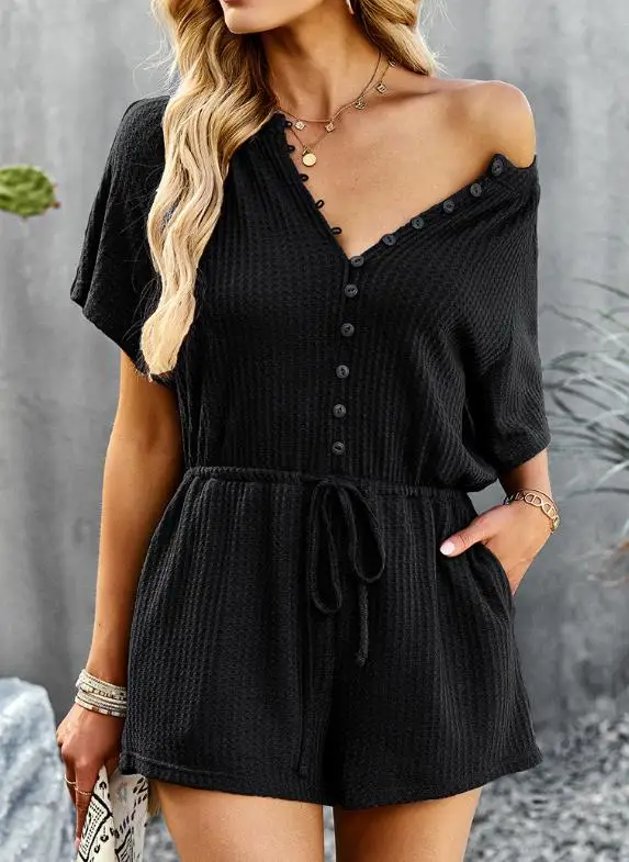 

Женский комбинезон 2026 Весна-Лето, новый, однотонный, с круглым вырезом, короткими рукавами, карманами, высокой талией, для дома и повседневной носки