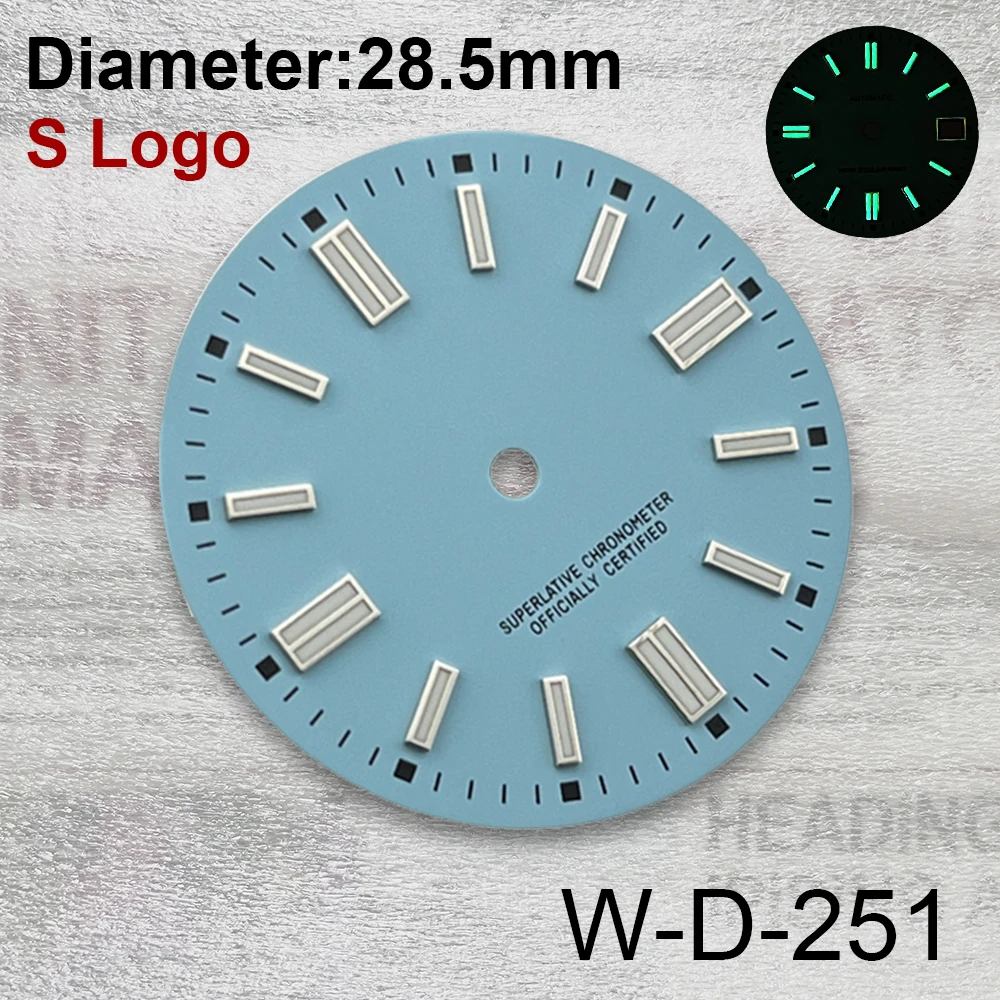 28.5mm s logotipo fosco dial caber nh35/nh36/4r/7s japão movimento verde luminoso de alta qualidade lago azul relógio modificação acessórios