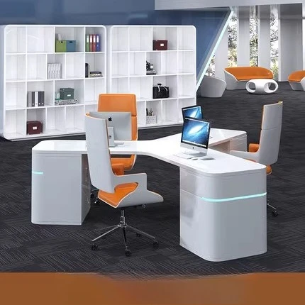 Simple and modern creative paint office command center three employees computer desk technology sense white staff table