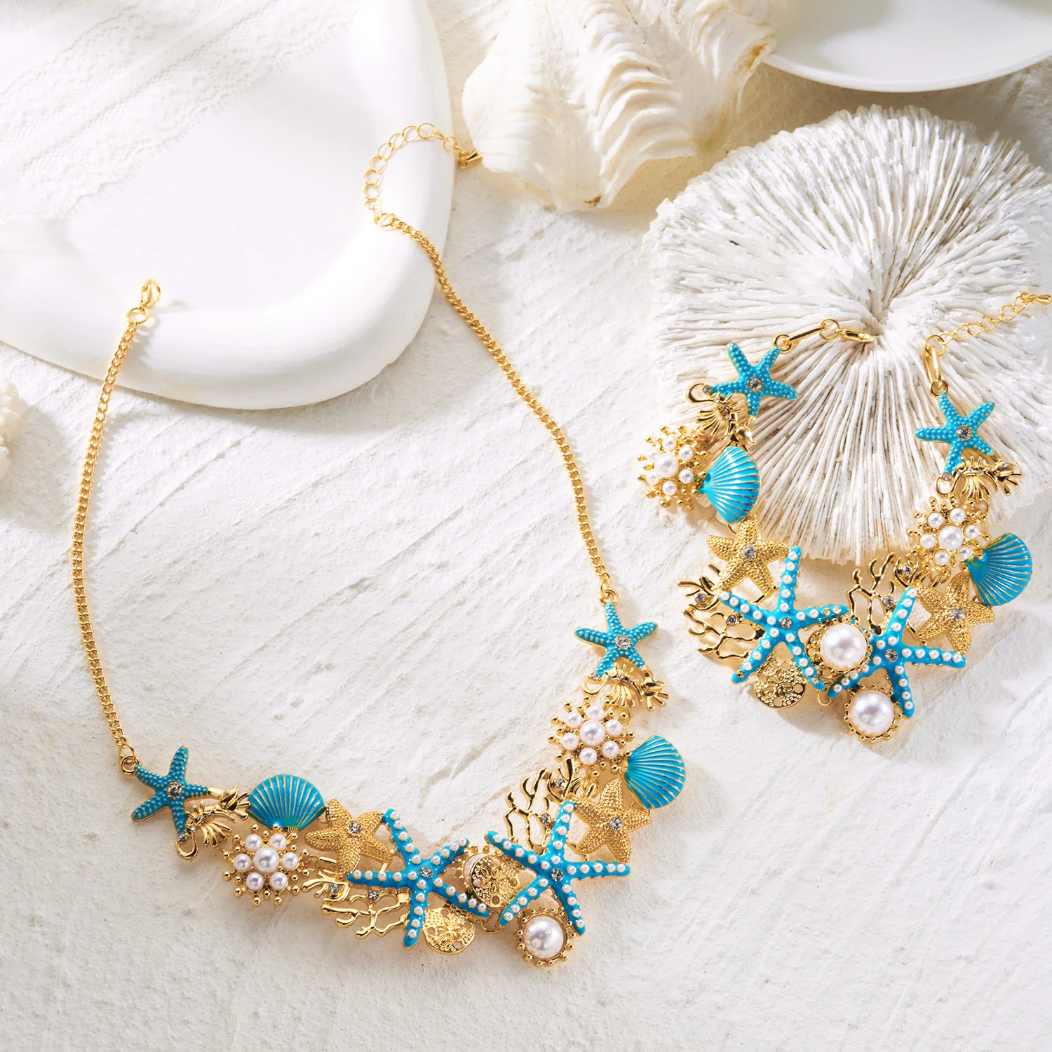 Einzigartiges Design Sternmuschel-Korallen-Kettenhalskette für Frauen Luxuriöse Imitationsperlen-Seestern-Halsketten Ästhetischer Partyschmuck – Detail 5