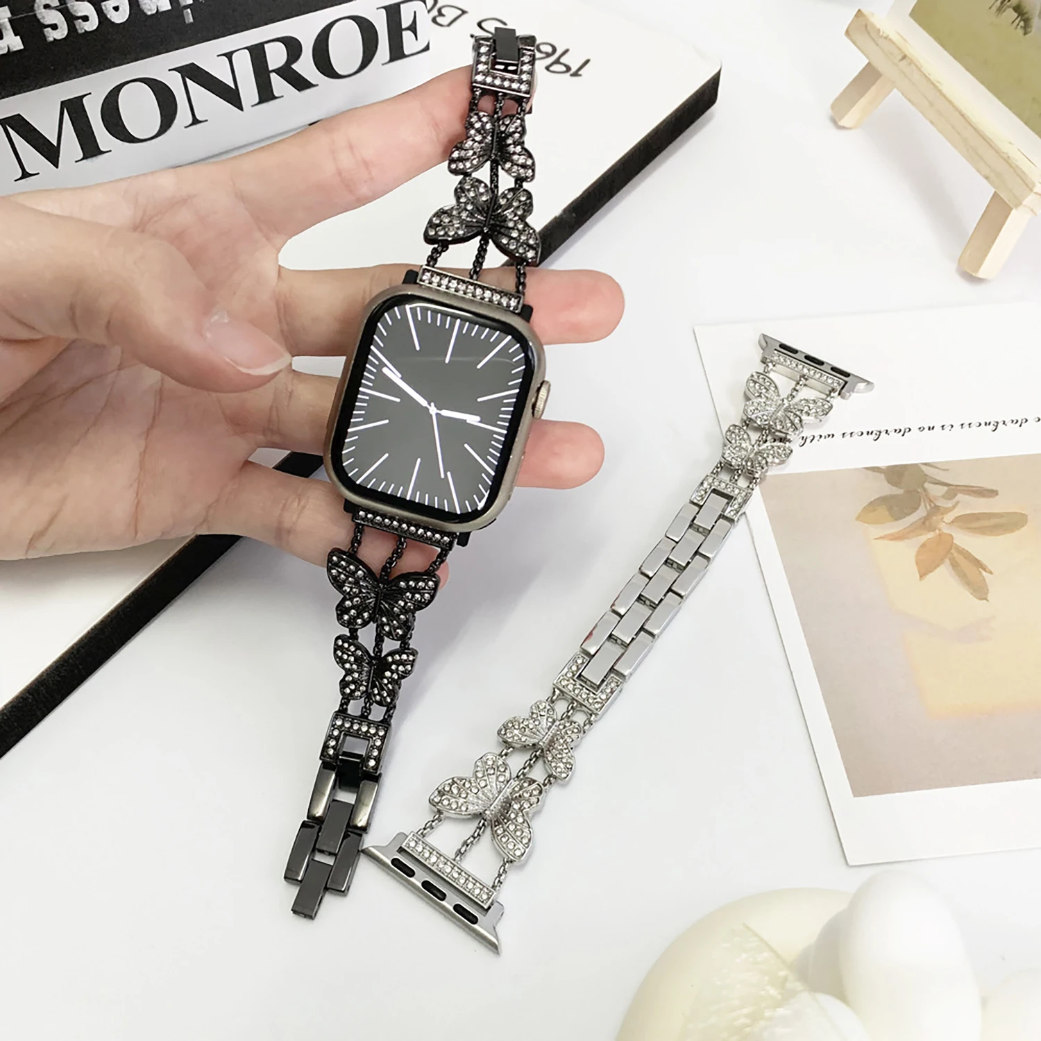 Schmetterlings-Diamant-Metallarmband für S10 42 mm, 46 mm, 45 mm, 44 mm, 41 mm, 40 mm, 38 mm, elegantes Damenarmband für die iWatch-Serie 987654 SE