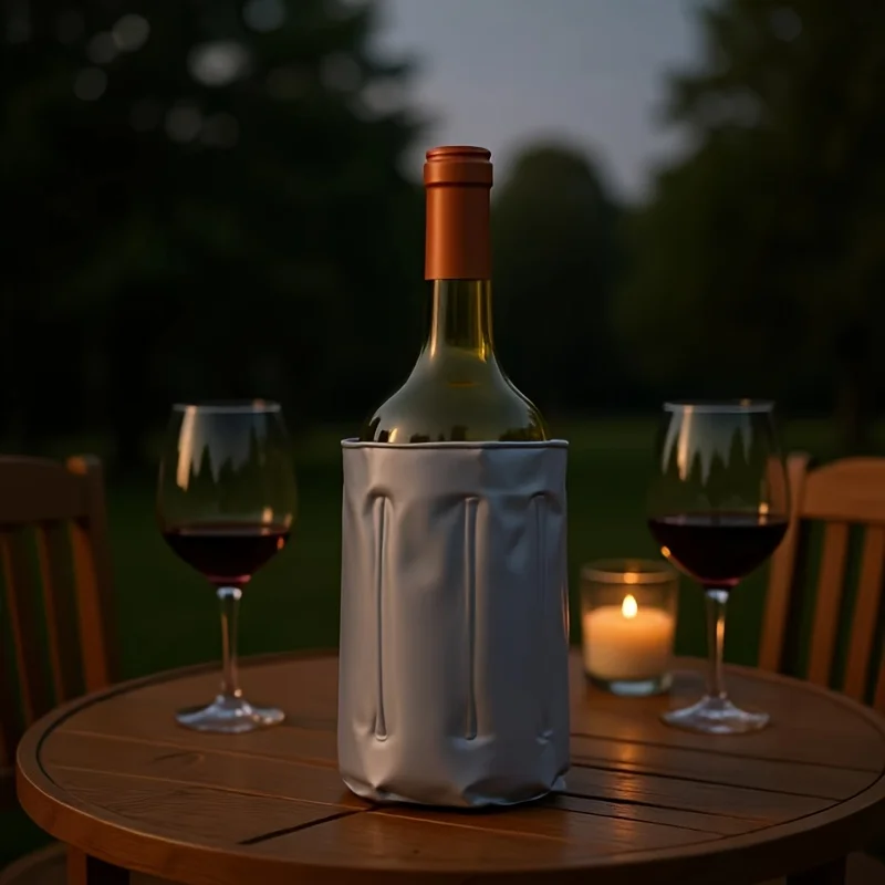 A reusable grey insulated wine cooler bag that fits most bottles, keeping the wine cool and fresh. These quick-cooling PVC bever