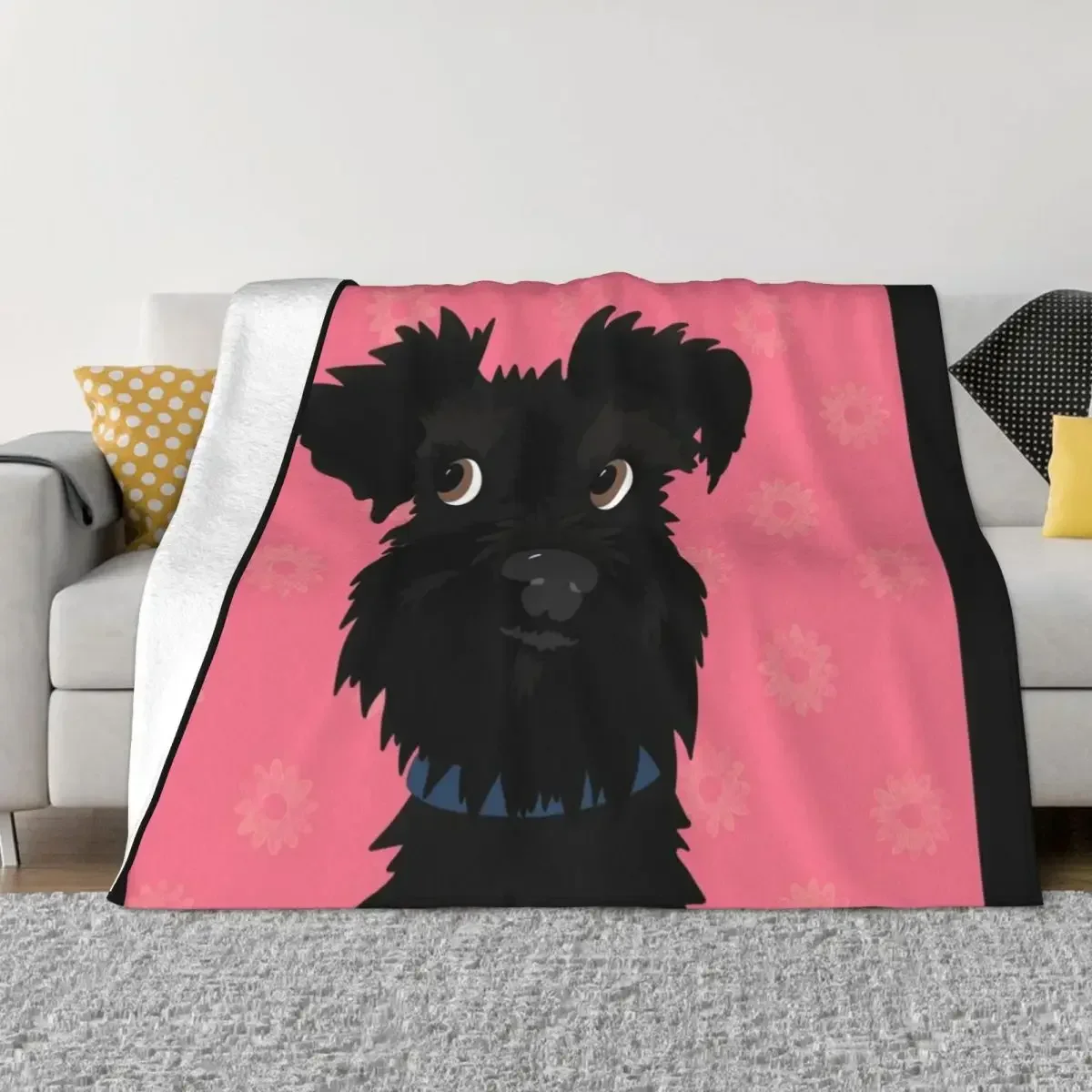 Black Miniature Schnauzer Dog with Pink Daisies Throw Blanket Soft Beds Camping Soft Plaid Blankets