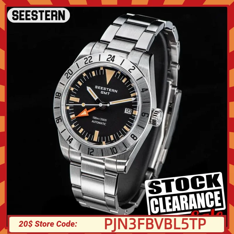 SEESTERN-GMT Retro Watch for Men Automatic Movement Mechanical Wristwatches Dome Sapphire Glass Flying Adjust Buckle NH34 S436