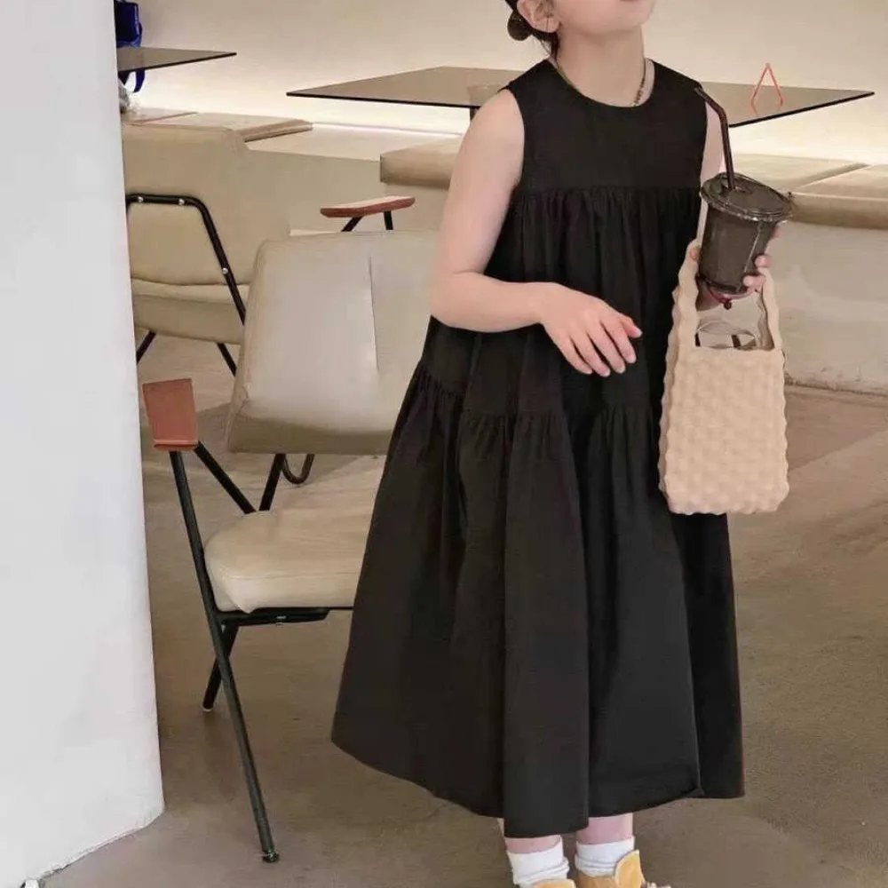 

Girls Dress Korean Style 2024 Summer New Solid Color Sleeveless Sundress Loose Mori Girl Fashion Sweet Summer Children Dress