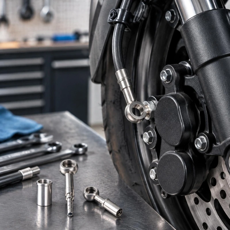 D5BE Motorcycle Brake Line Fittings with Straight Eye Ends and Stepped Hose-Insertion Stems, Supplied with 2 Matching AN3