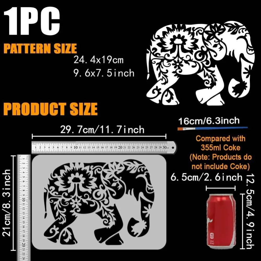 Mandala Elephant Painting Stencil 8.3x11.7inch with Paint Brush Hollowed Elephant Pattern Template Reusable Flowers Vines