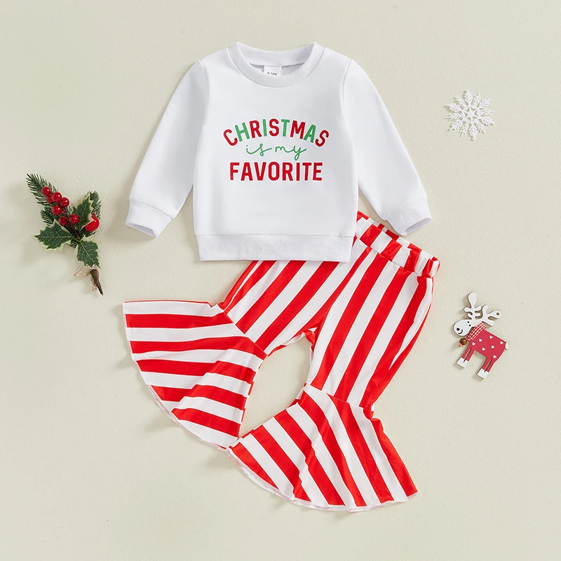 Toddler Girl 2-Piece Christmas Set with Long Sleeve Sweatshirt and Striped Bell Bottoms - Festive Baby Outfit for the Holidays