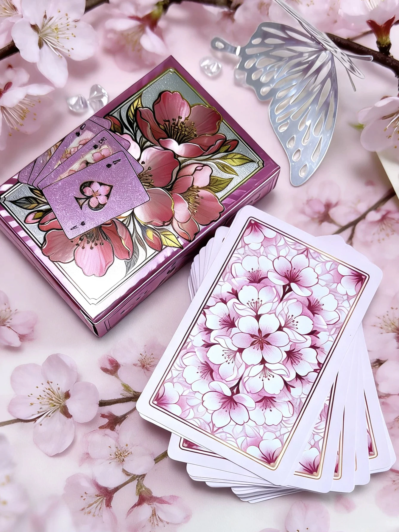 55 Pcs/Box Playing Cards Pink with PVC Creative Peach Blossom Design Waterproof Durable Board Game Cards Stylish Glossy