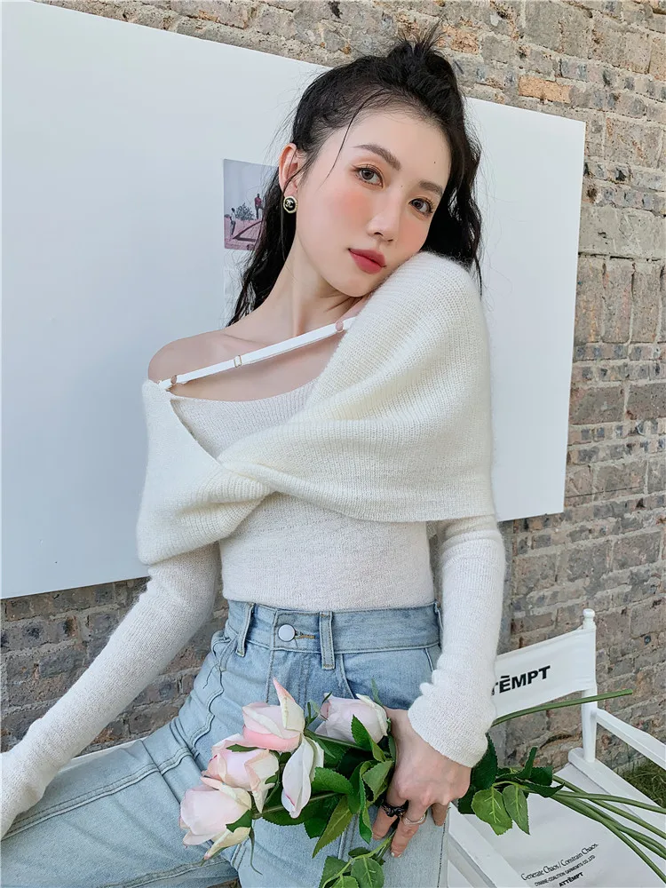 CHEERART Mohair White Off The Shoulder Knit Top 2022 Fashion Korean Fashion Ladies Knot Pullovers Knitted Designer Sweater